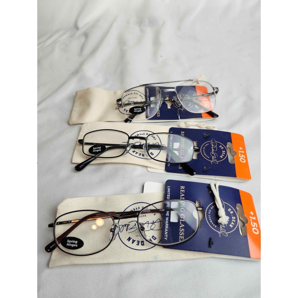 Dr. Dean ICU Eyewear Reading Glasses +1.50 Lot of 3 Pairs Spring Hinges Pouch